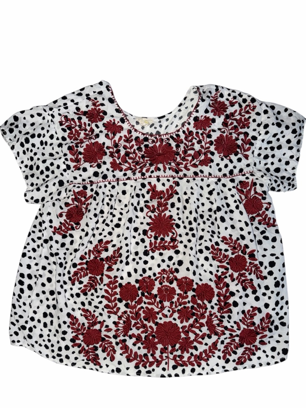 Layerz Size Medium Brown, Black, White, Dalmatian Print Embroidered Babydoll Top